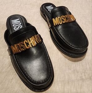Moschino Black Leather Loafers with Gold Accent Size 37